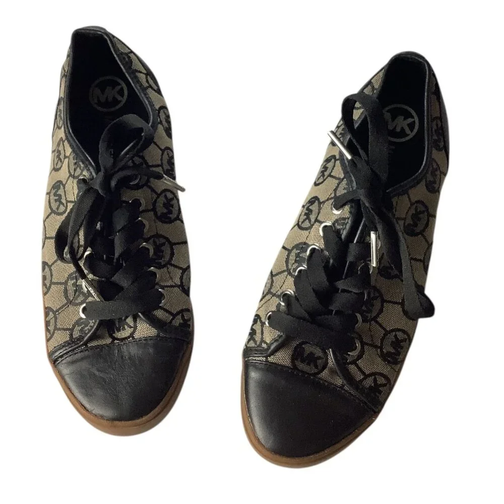 Michael Kors Womens MK Logo Monogram City Sneakers Sz 8M Black & Tan Rubber Sole